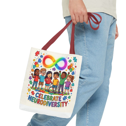 Celebrate Neurodiversity Tote Bag — Rainbow Infinity Symbol & Kids Design