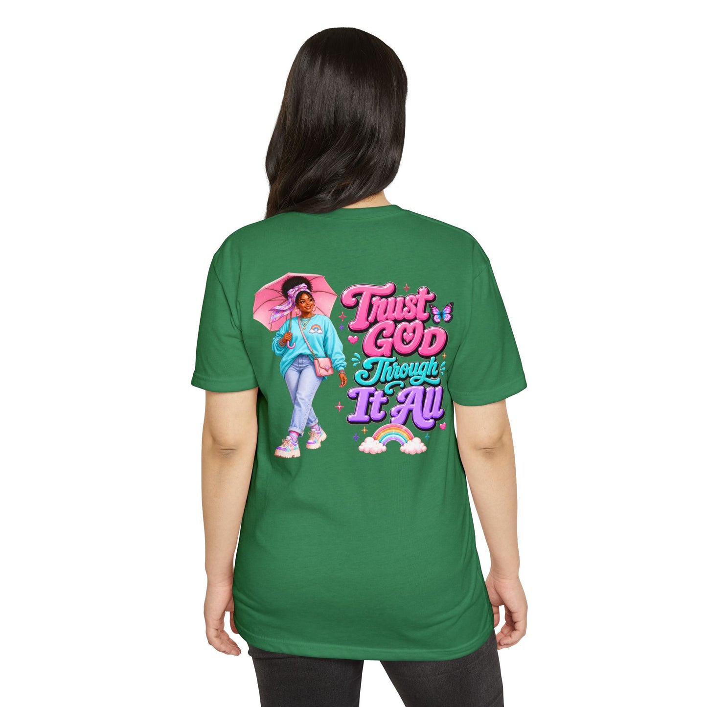 Trust God Through It All T-Shirt — Inspirational Faith Tee with Colorful Girl Illustration