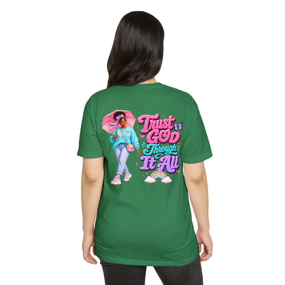 Trust God Through It All T-Shirt — Inspirational Faith Tee with Colorful Girl Illustration