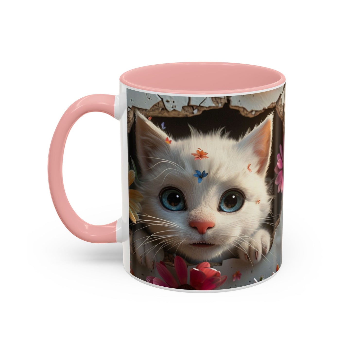 Cute White Kitten Coffee Mug – Floral Accent 11/15oz