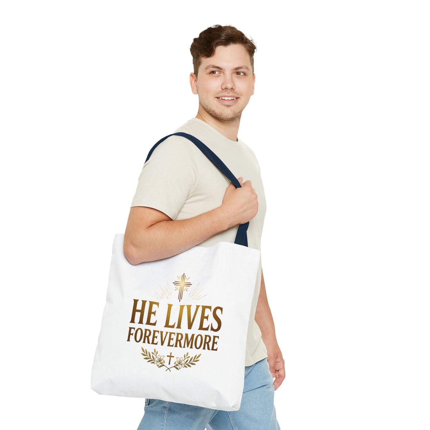 He Lives Forevermore Tote Bag – Christian Faith Cross Easter Canvas Tote