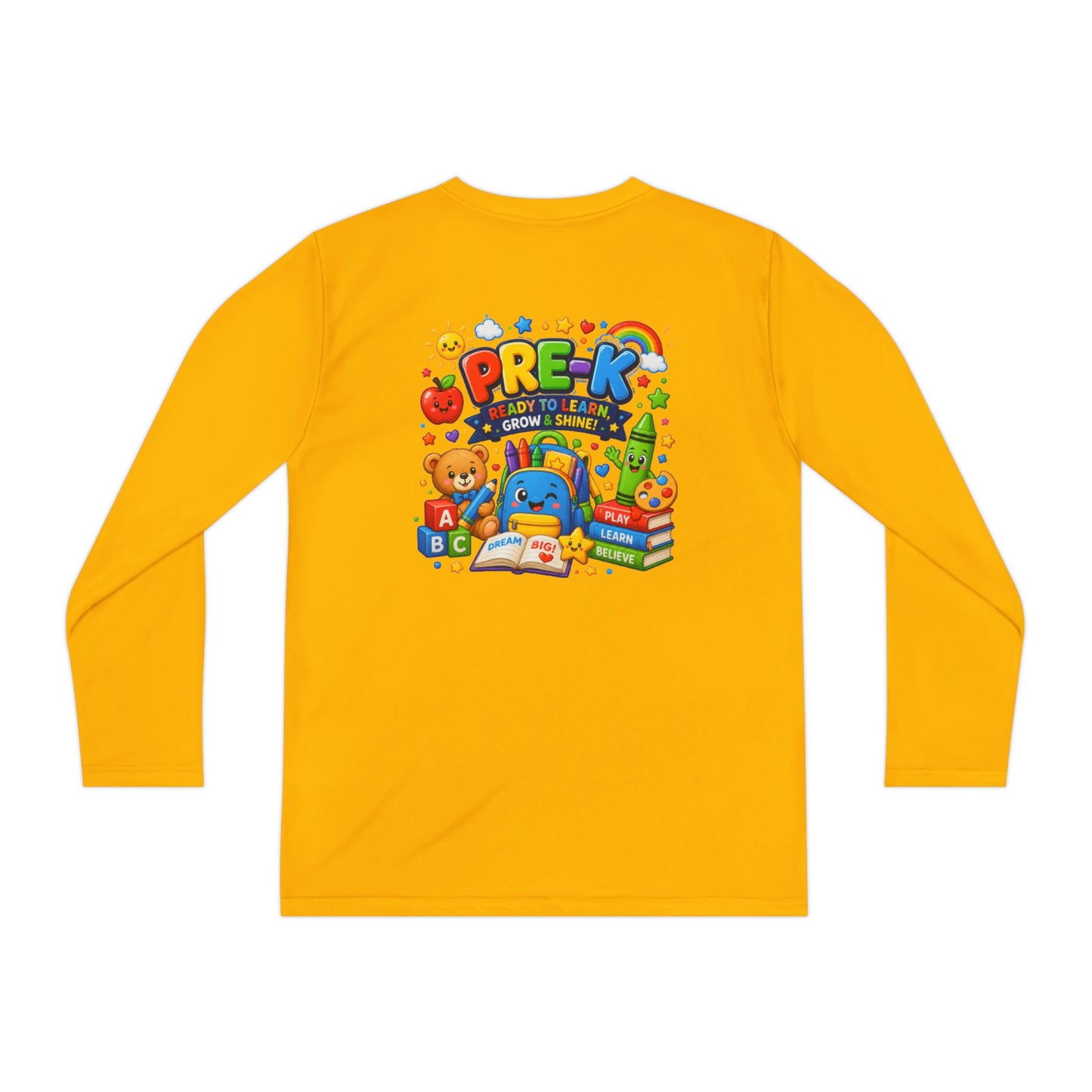 PRE-K Kids Long Sleeve Tee — Back-to-School Preschool Shirt ("Ready to Learn, Grow & Shine")