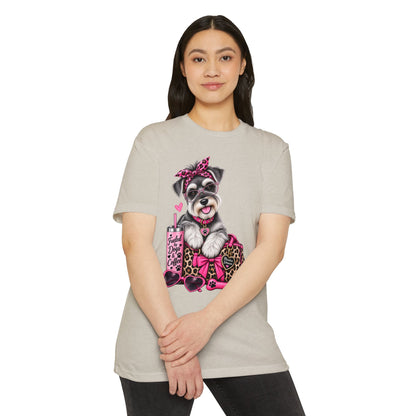Schnauzer Fashion Tee — Cute Dog with Leopard Bag & 'Faith, Dog, Coffee' Design