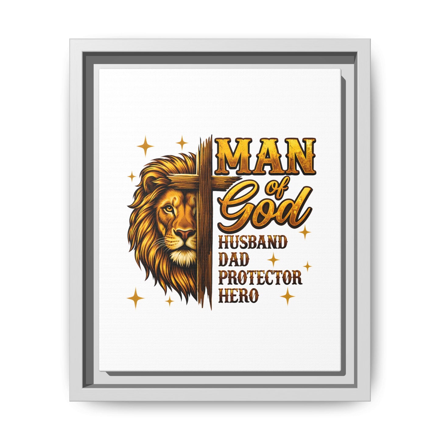 Man of God Framed Canvas Art — 'Man of God: Husband, Dad, Protector, Hero' Religious Wall Decor