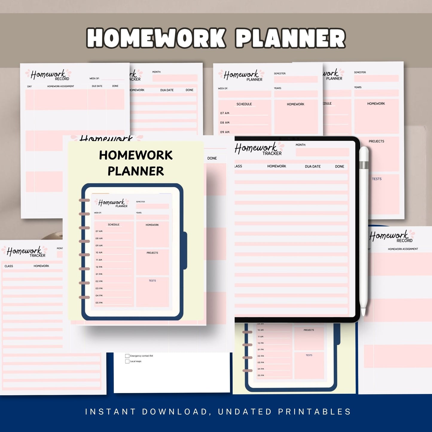 Homework Planner | Student Assignment Tracker | School Organizer | Daily Homework Log | Study Planner Printable
