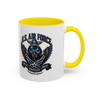 U.S. Air Force Emblem Accent Coffee Mug — Defend Protect Dominate (11/15oz)