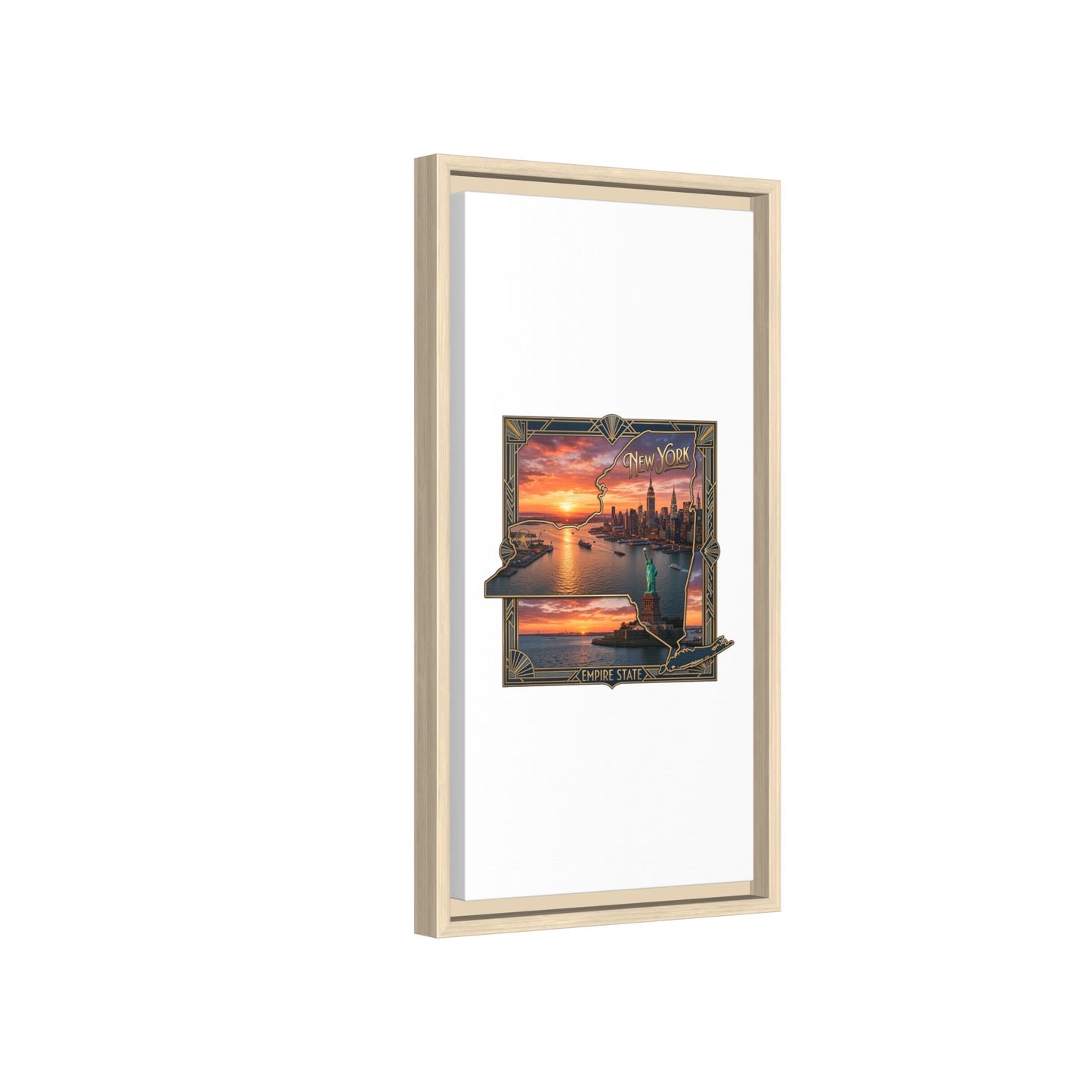 Framed Matte Canvas Wall Art — New York City Sunset Skyline with Statue of Liberty