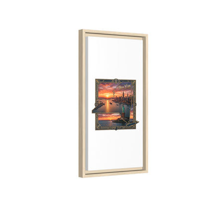 Framed Matte Canvas Wall Art — New York City Sunset Skyline with Statue of Liberty