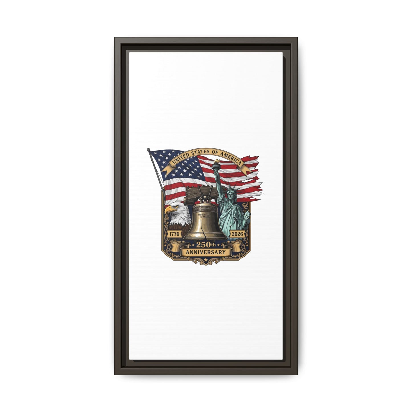 Liberty 250th Anniversary Framed Canvas Print — American Flag, Statue of Liberty & Liberty Bell Art