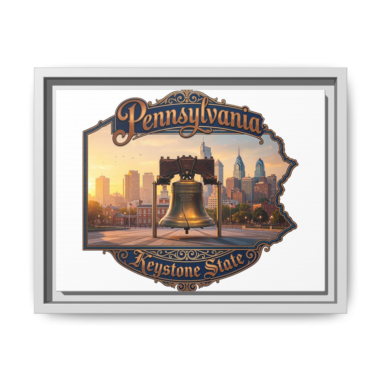 Pennsylvania Keystone State Framed Canvas Wall Art — Liberty Bell & Philadelphia Skyline