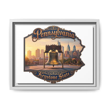 Pennsylvania Keystone State Framed Canvas Wall Art — Liberty Bell & Philadelphia Skyline
