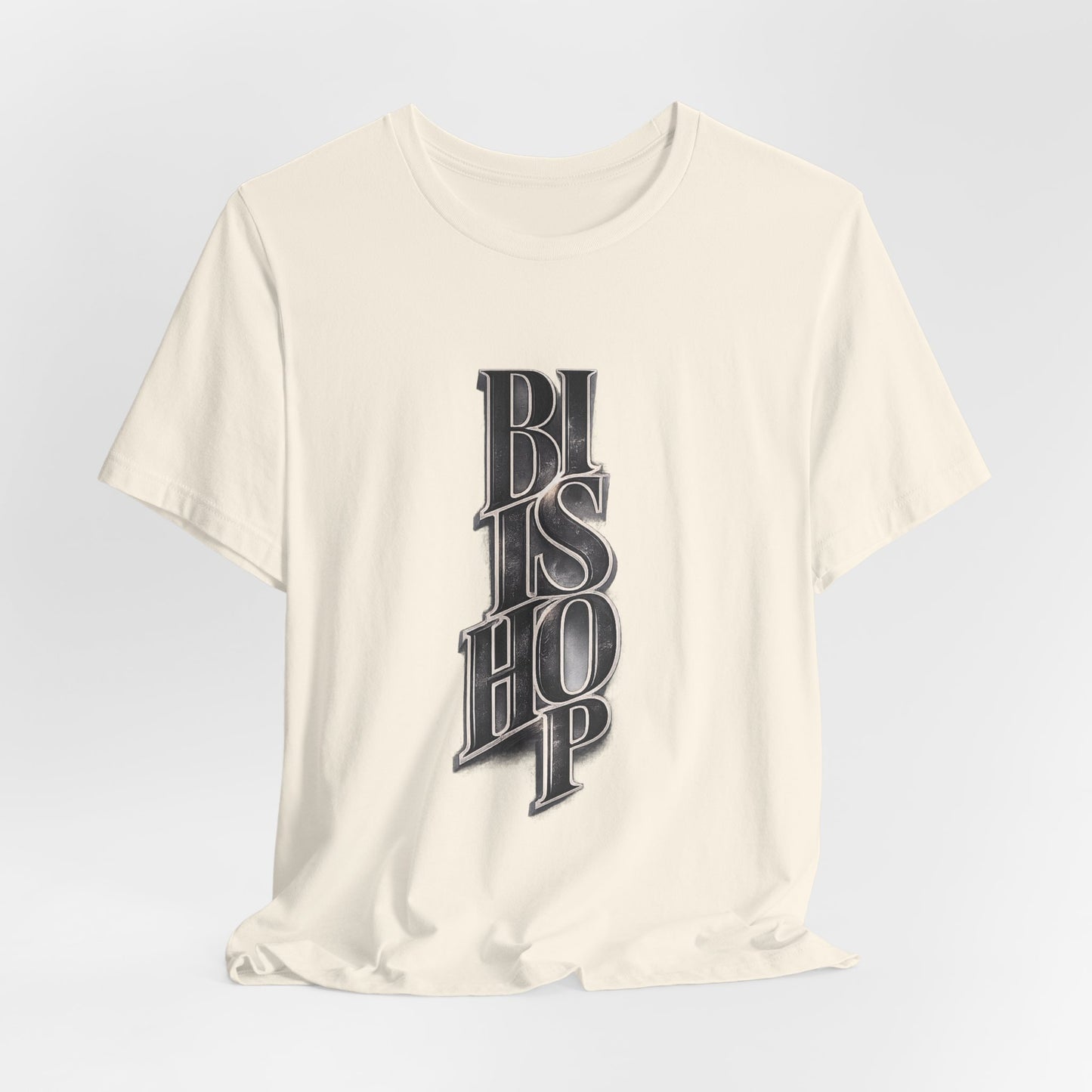 Bishop Vertical Script Tee — Vintage Gothic Lettering T-Shirt
