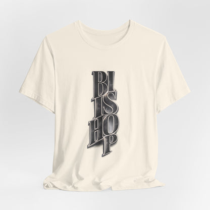 Bishop Vertical Script Tee — Vintage Gothic Lettering T-Shirt