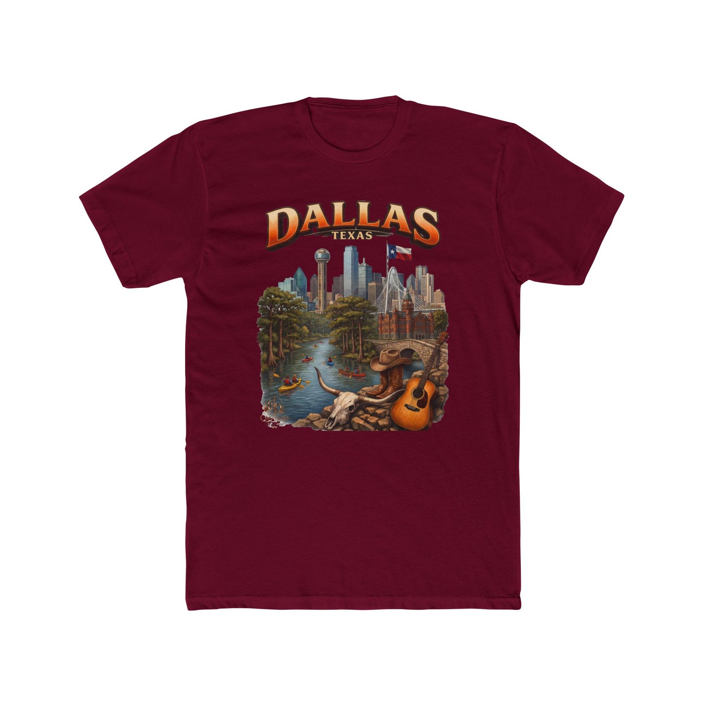 Dallas Skyline Graphic Tee — Retro Cityscape with Guitar