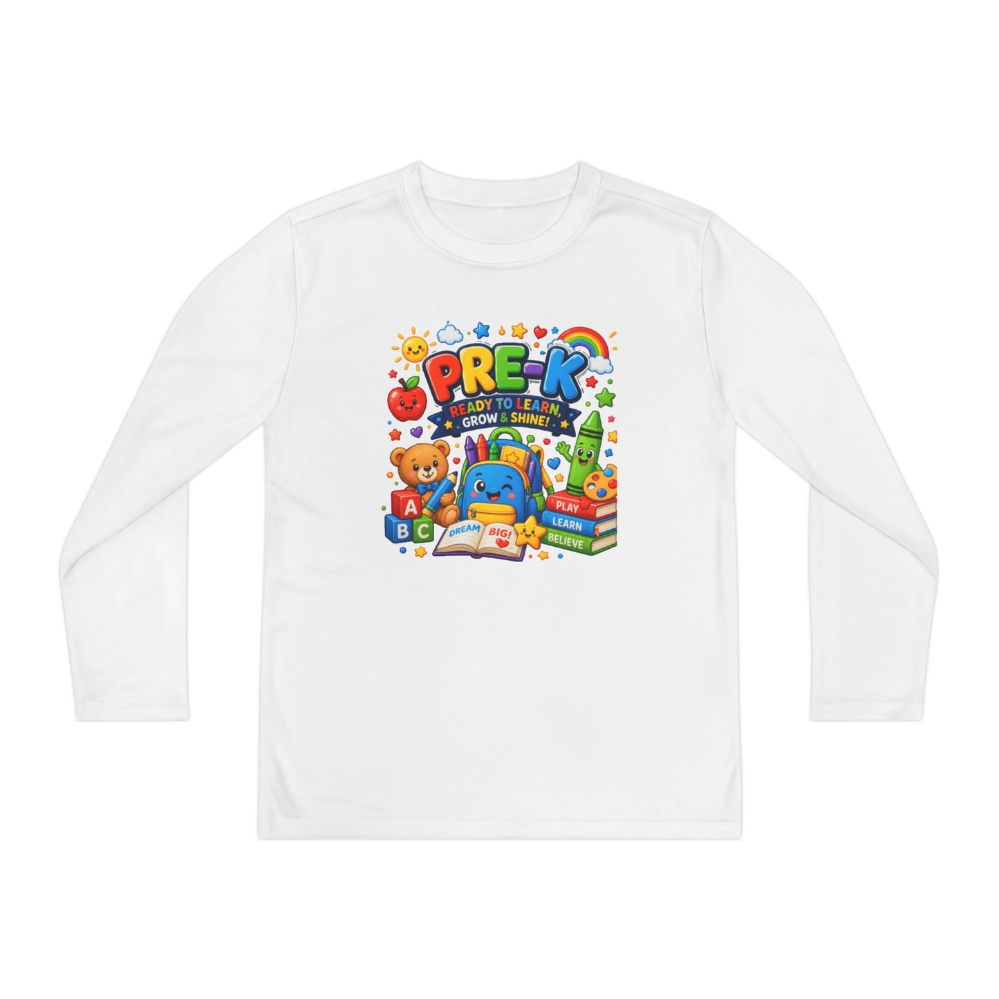 PRE-K Kids Long Sleeve Tee — Back-to-School Preschool Shirt ("Ready to Learn, Grow & Shine")