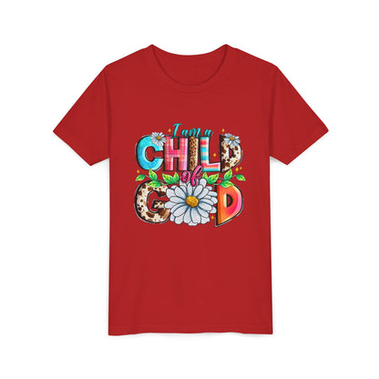 Youth Tee — "I Am a Child of God" Floral Christian Graphic