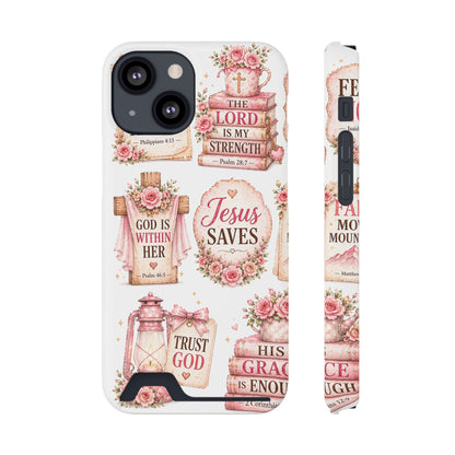 Christian Floral Phone Case with Card Holder — 'Jesus Saves' Inspirational Design