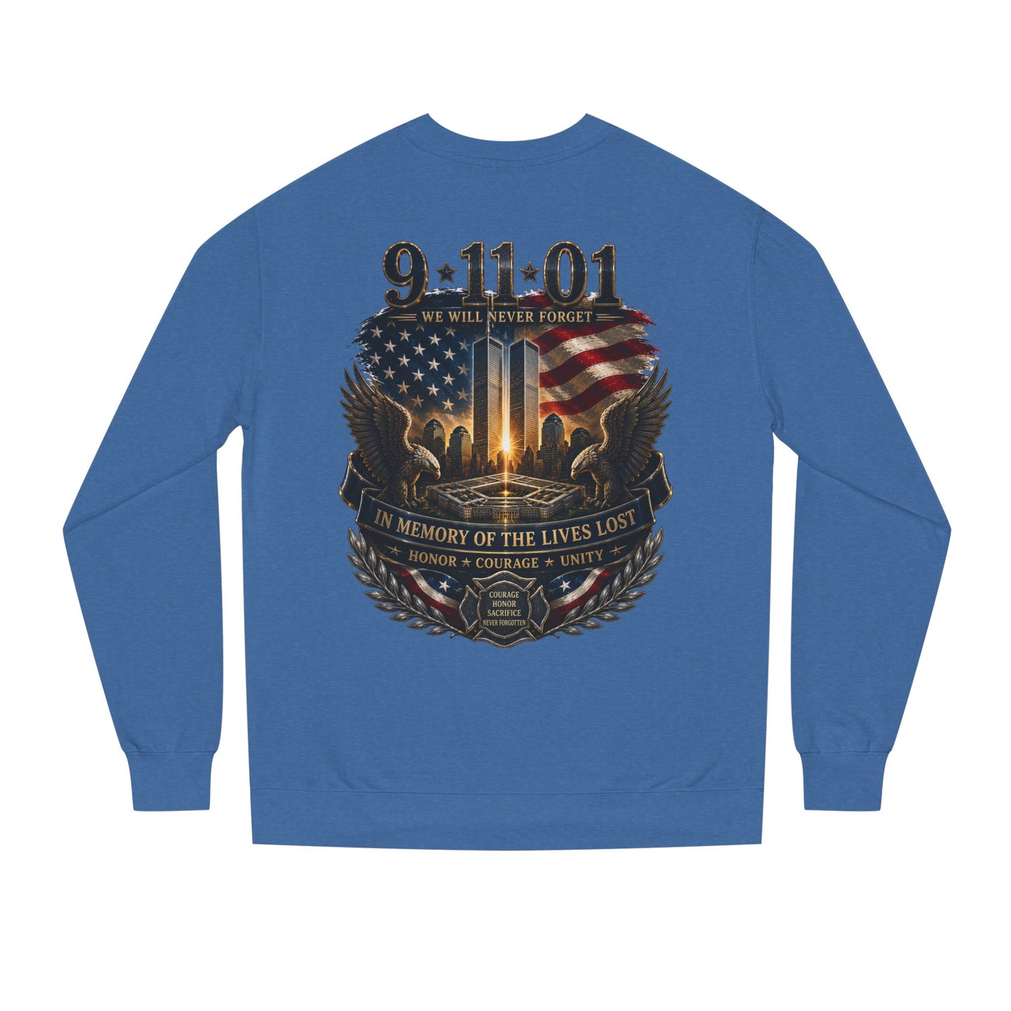9/11 Memorial Sweatshirt - ‘We Will Never Forget’ Tribute Crewneck with Twin Towers & Flag