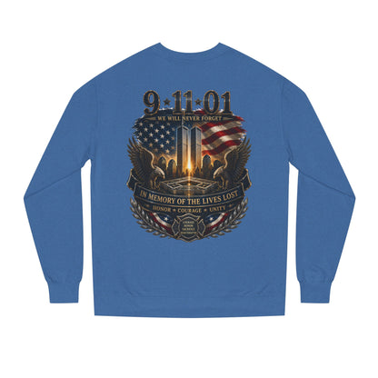 9/11 Memorial Sweatshirt - ‘We Will Never Forget’ Tribute Crewneck with Twin Towers & Flag