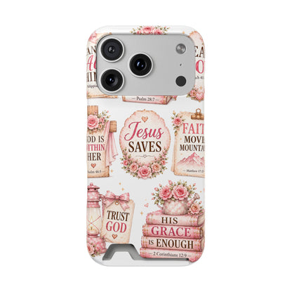 Christian Phone Case with Card Holder — 'Jesus Saves' Floral Scripture Design