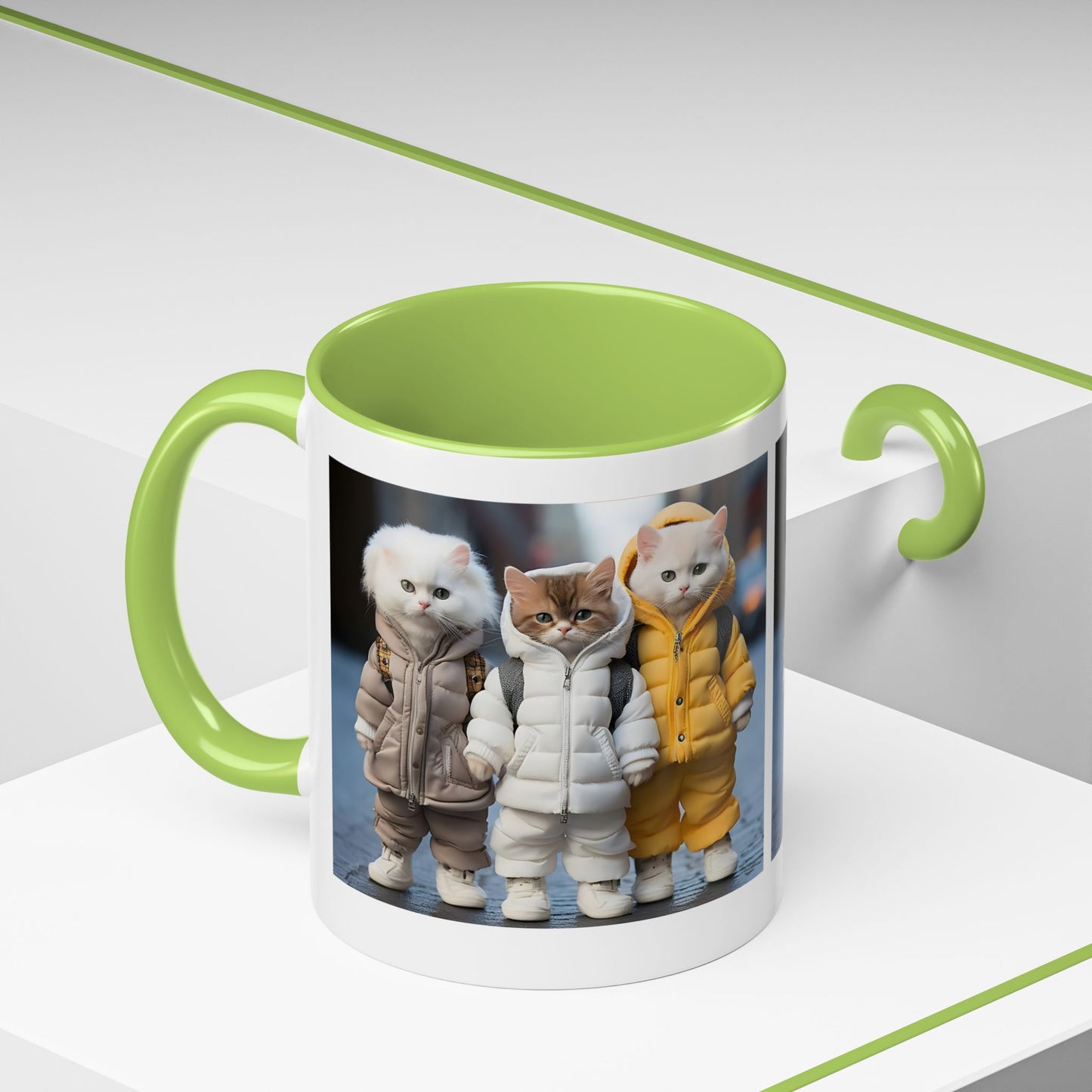 Cat Crew Accent Coffee Mug — Cute Kittens in Puffer Jackets (11/15oz)