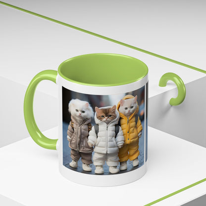 Cat Crew Accent Coffee Mug — Cute Kittens in Puffer Jackets (11/15oz)
