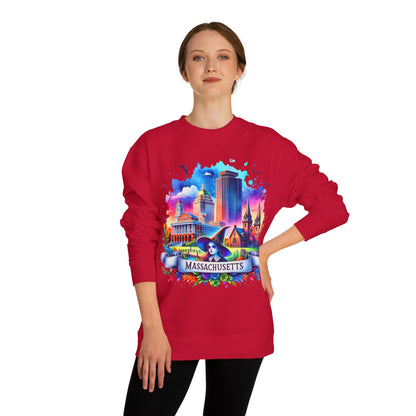 Massachusetts Skyline Crewneck Sweatshirt — Colorful Boston Landmark Graphic