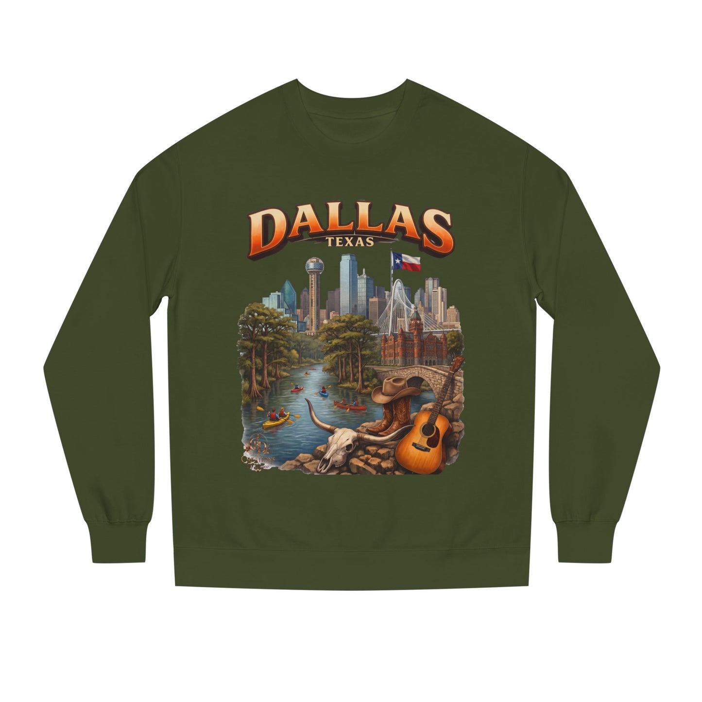 Dallas Skyline Crewneck Sweatshirt — Texas Cityscape & Acoustic Guitar Design