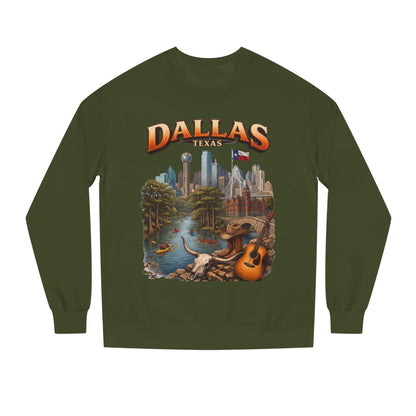 Dallas Skyline Crewneck Sweatshirt — Texas Cityscape & Acoustic Guitar Design