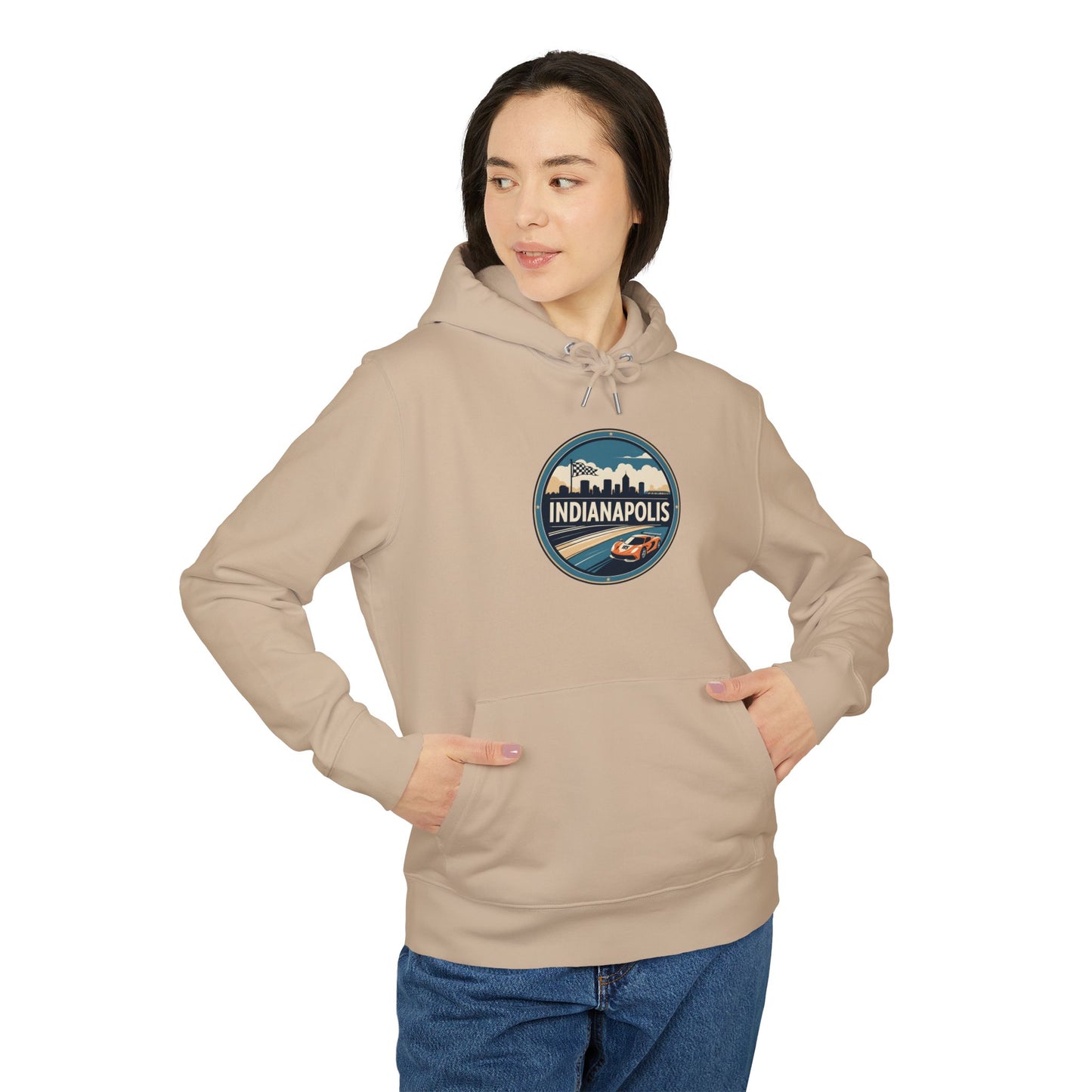 Indianapolis Racing Hoodie — Retro City Skyline & Racecar Design
