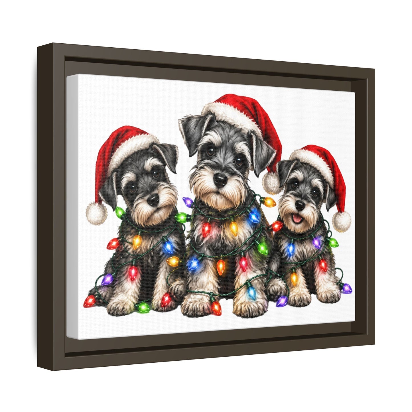 Christmas Schnauzer Canvas Print — Festive Puppies in Santa Hats (Matte Framed)