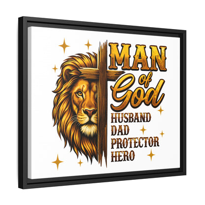 Man of God Framed Canvas Art — 'Man of God: Husband, Dad, Protector, Hero' Religious Wall Decor