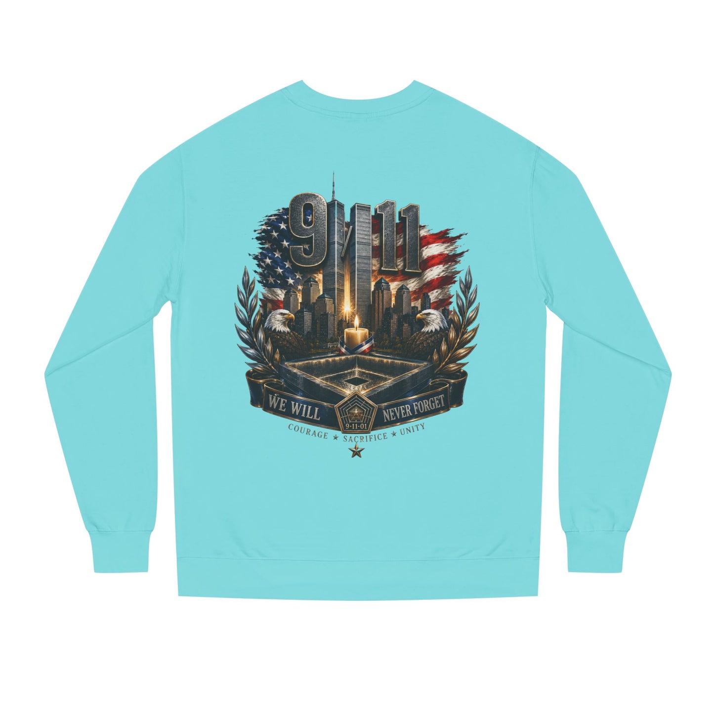 9/11 Memorial Crewneck Sweatshirt — We Will Never Forget Tribute