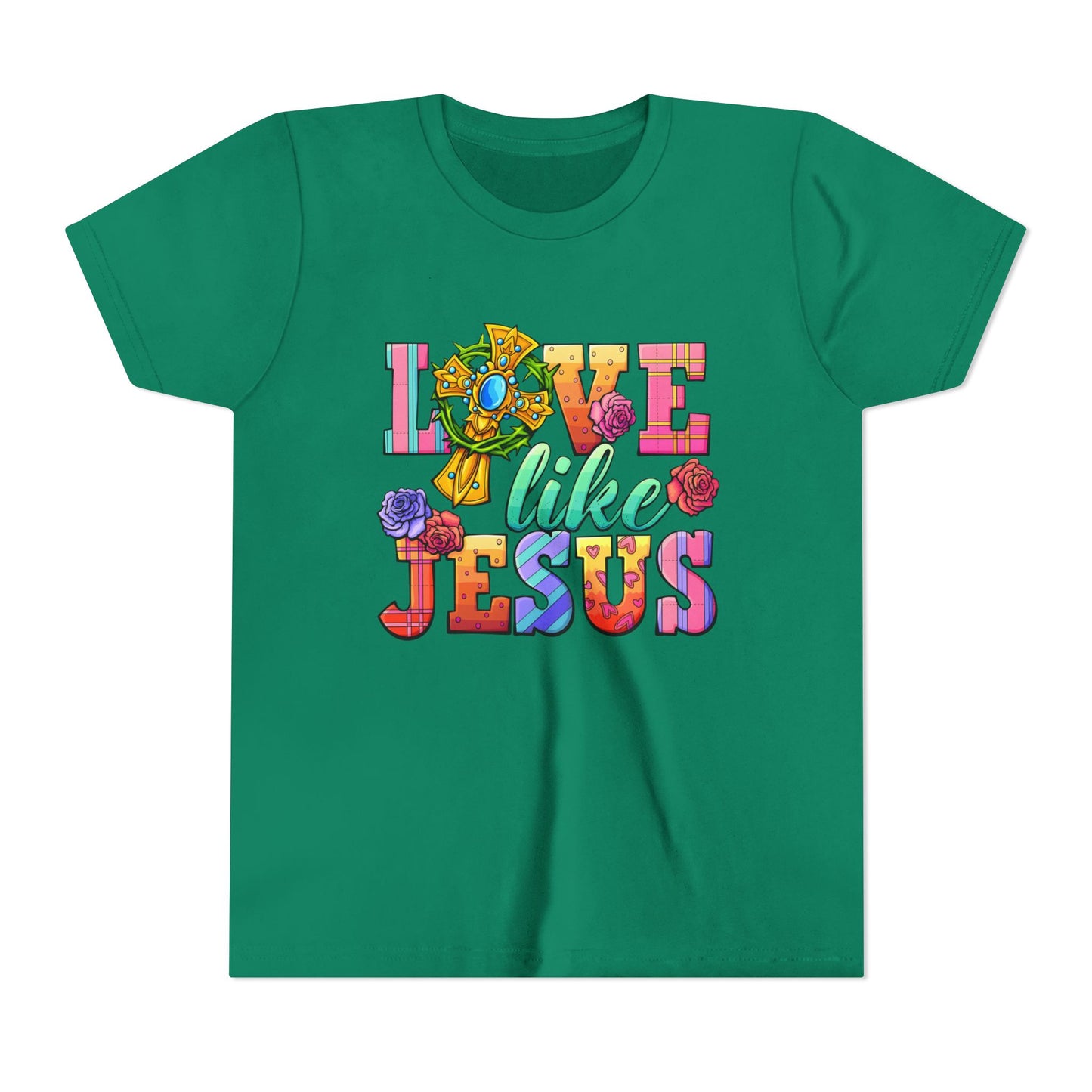 Youth Tee — "Love Like Jesus" Colorful Faith Graphic
