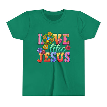 Youth Tee — "Love Like Jesus" Colorful Faith Graphic