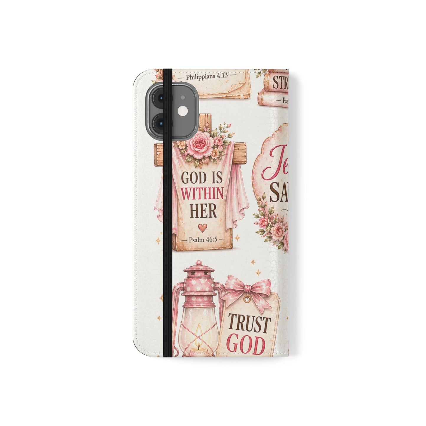 Christian Floral Phone Flip Case — "Jesus Saves" & Inspirational Scripture Wallet Cover