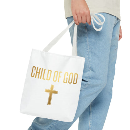 Child of God Tote Bag — Gold Cross Religious Canvas Tote