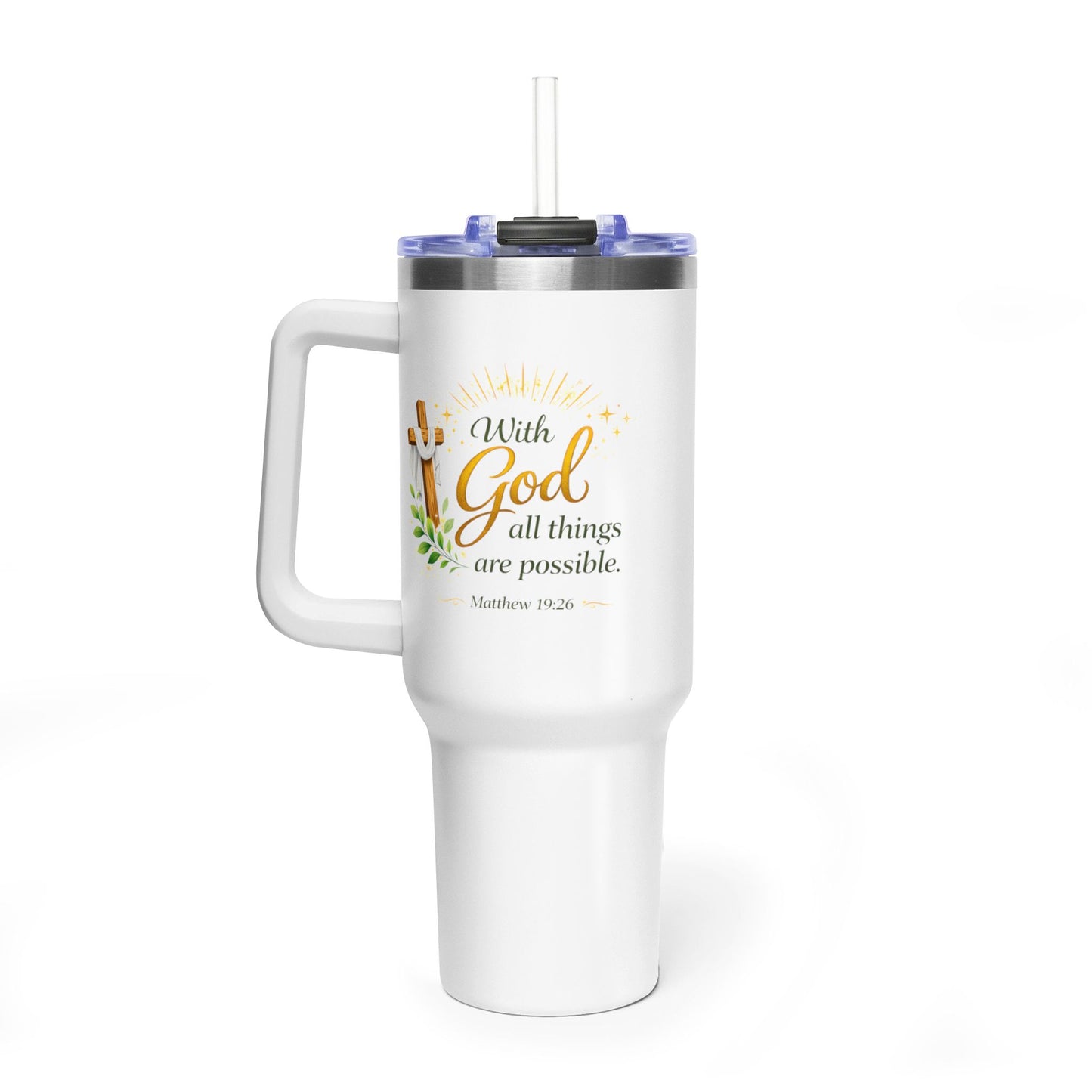 40oz Vacuum Tumbler with Handle - "With God All Things Are Possible" Christian Insulated Travel Mug