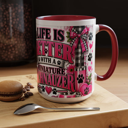 Life Is Better With A Miniature Schnauzer Accent Coffee Mug — Pink Paw Print Dog Lover Gift (11/15oz)