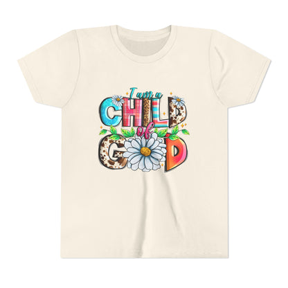 Youth Tee — "I Am a Child of God" Floral Christian Graphic