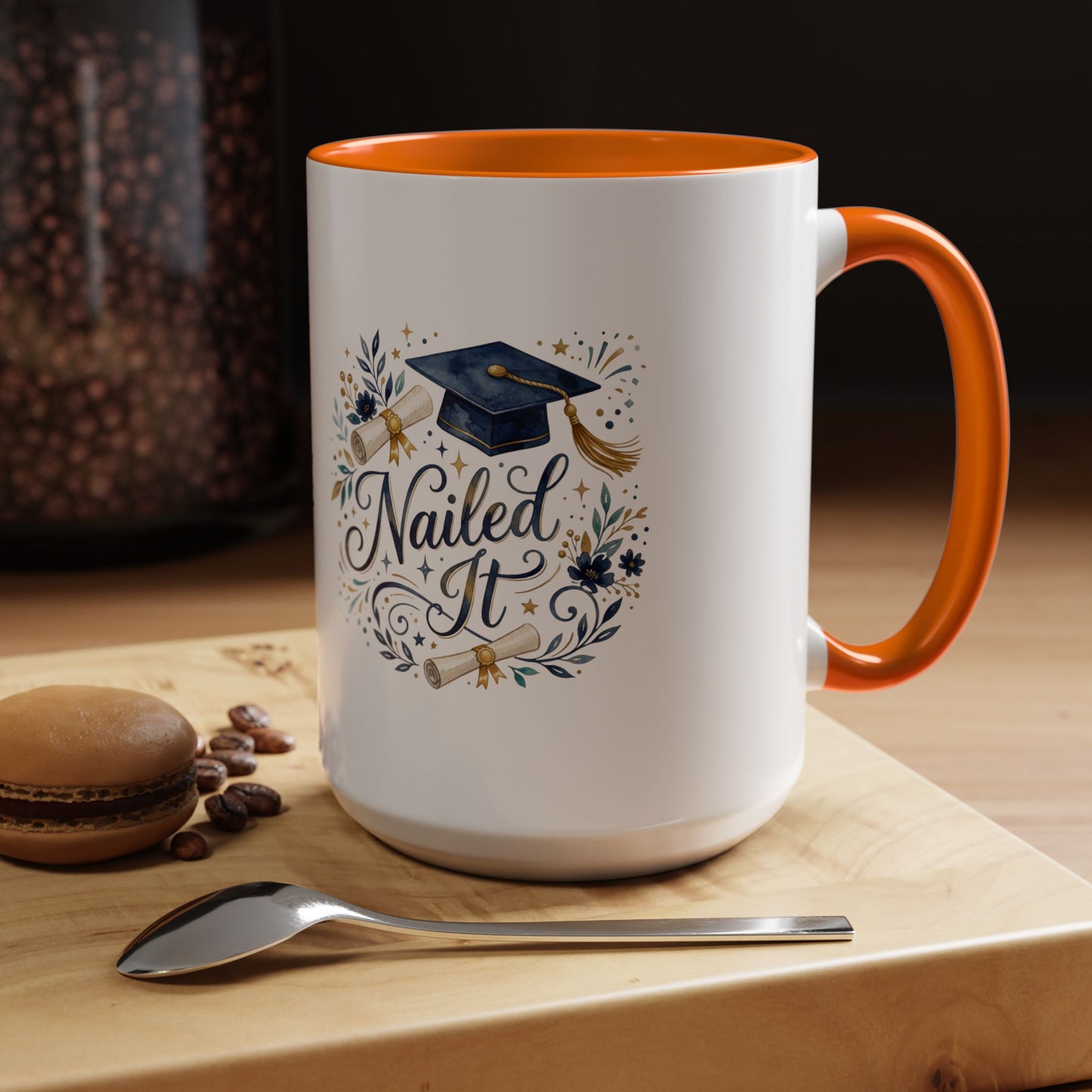 Nailed It Graduation Coffee Mug – Navy Cap & Floral 11/15oz Accent Mug