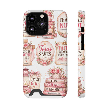 Christian Phone Case with Card Holder — 'Jesus Saves' Floral Scripture Design