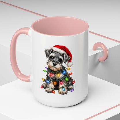 Christmas Puppy Coffee Mug — Schnauzer in Santa Hat with Holiday Lights (11/15oz)