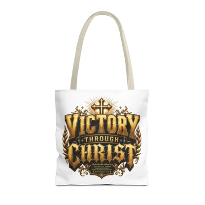 Victory Through Christ Tote Bag — Inspirational Christian Canvas Tote