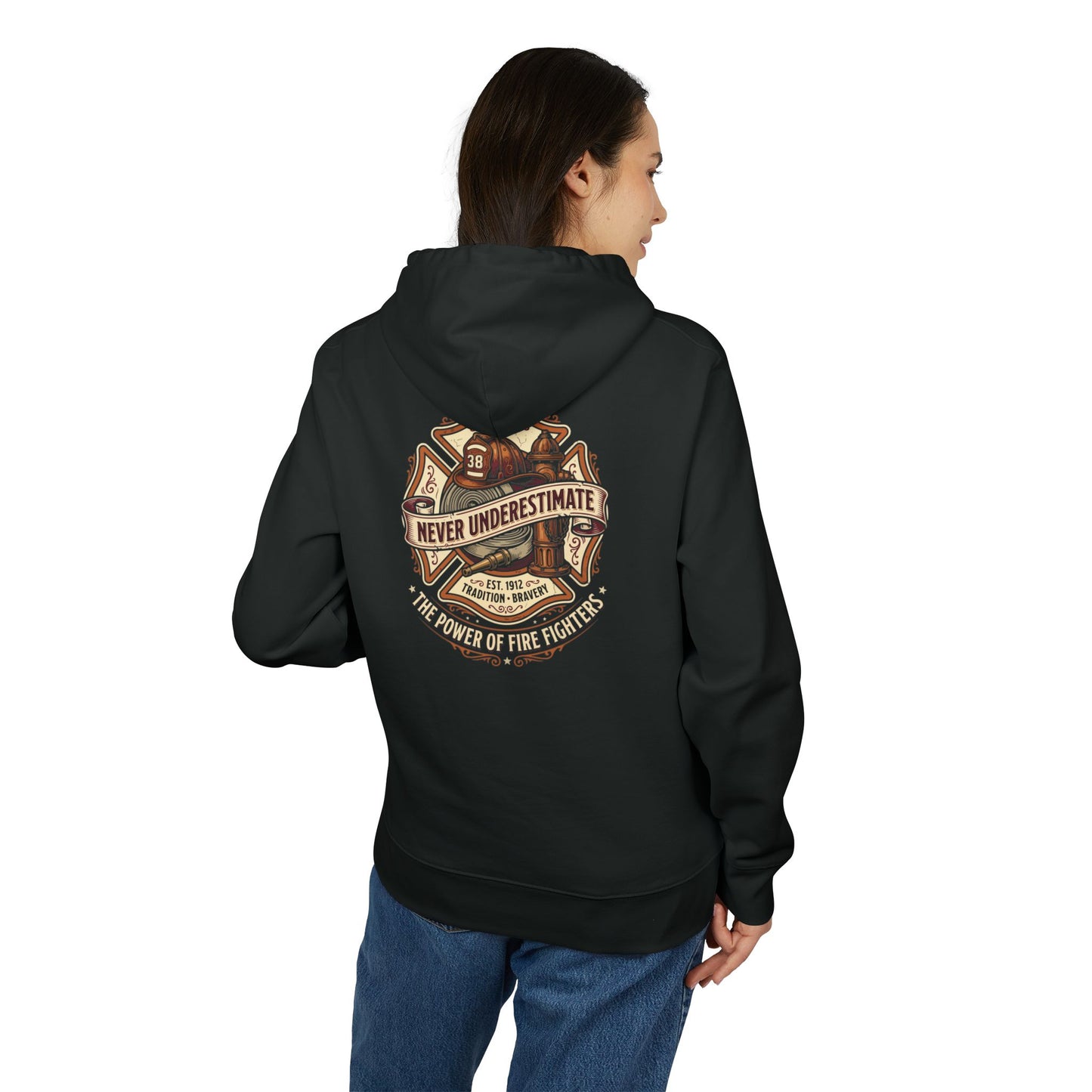 Firefighter Hoodie - "Never Underestimate the Power of Fire Fighters" Retro Badge Pullover