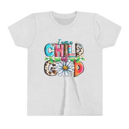 Youth Tee — "I Am a Child of God" Floral Christian Graphic