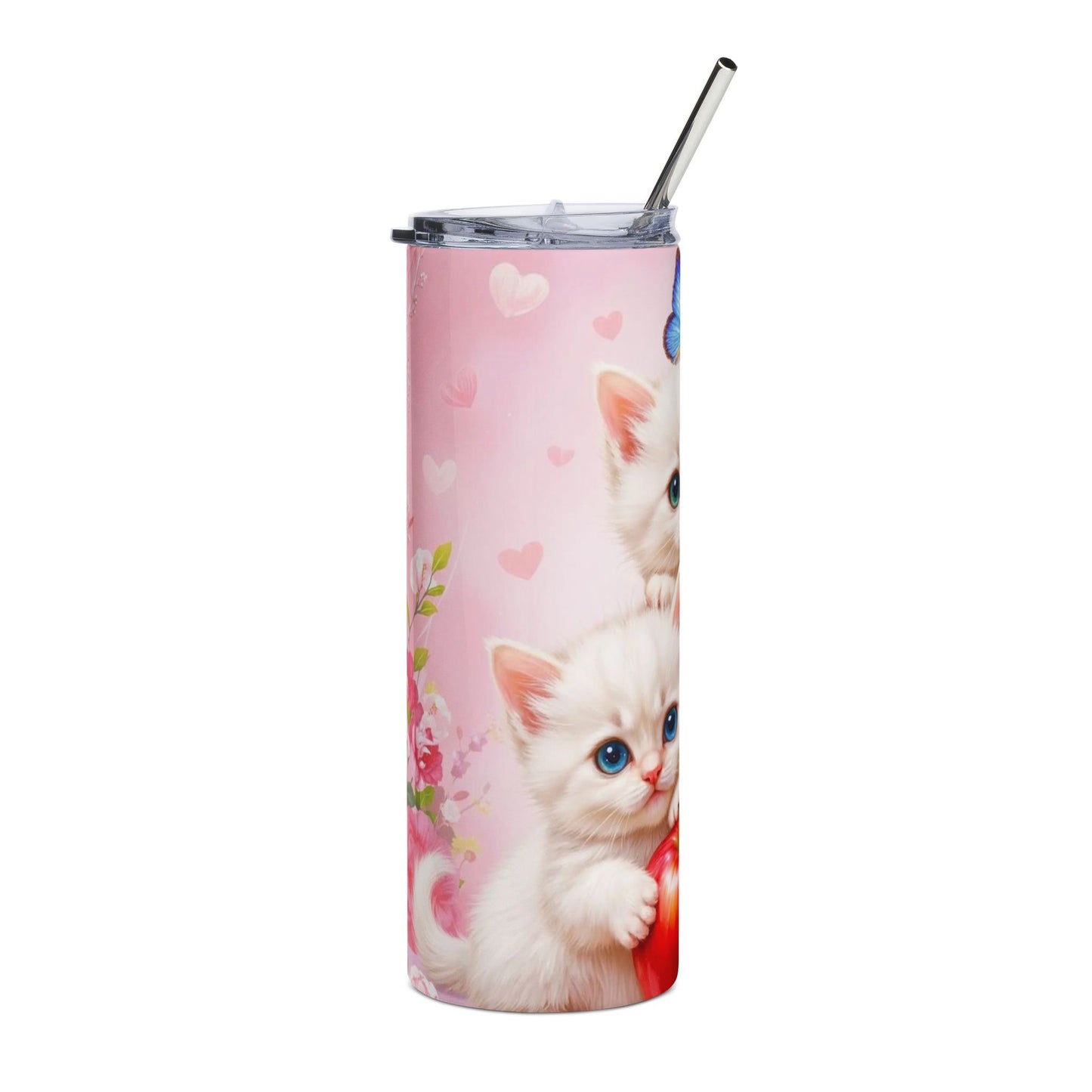 20oz Cute Kittens Stainless Steel Tumbler — Pink Cat, Apple & Butterfly Travel Cup