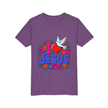 Youth Tee — "I  Jesus" Colorful Dove & Floral Christian Shirt