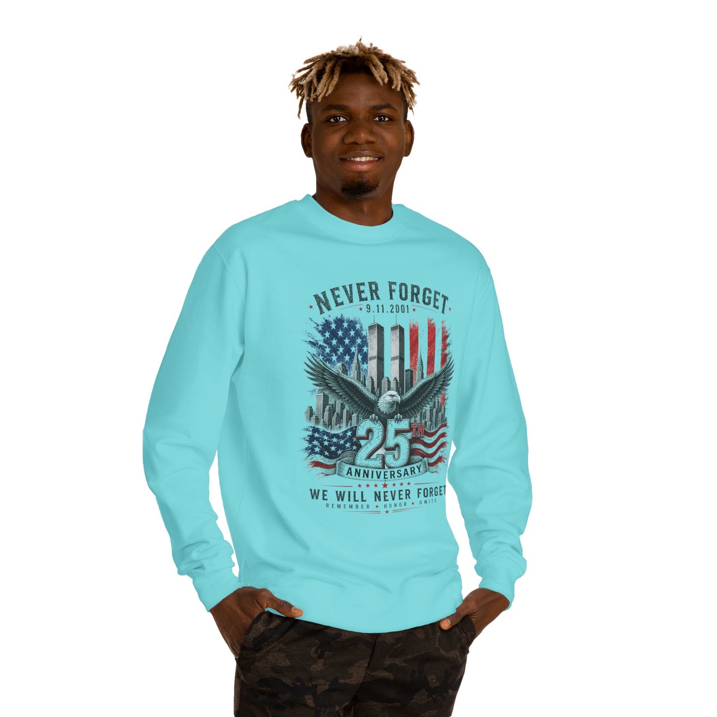 Never Forget 9/11 25th Anniversary Sweatshirt — Patriotic Memorial Crewneck