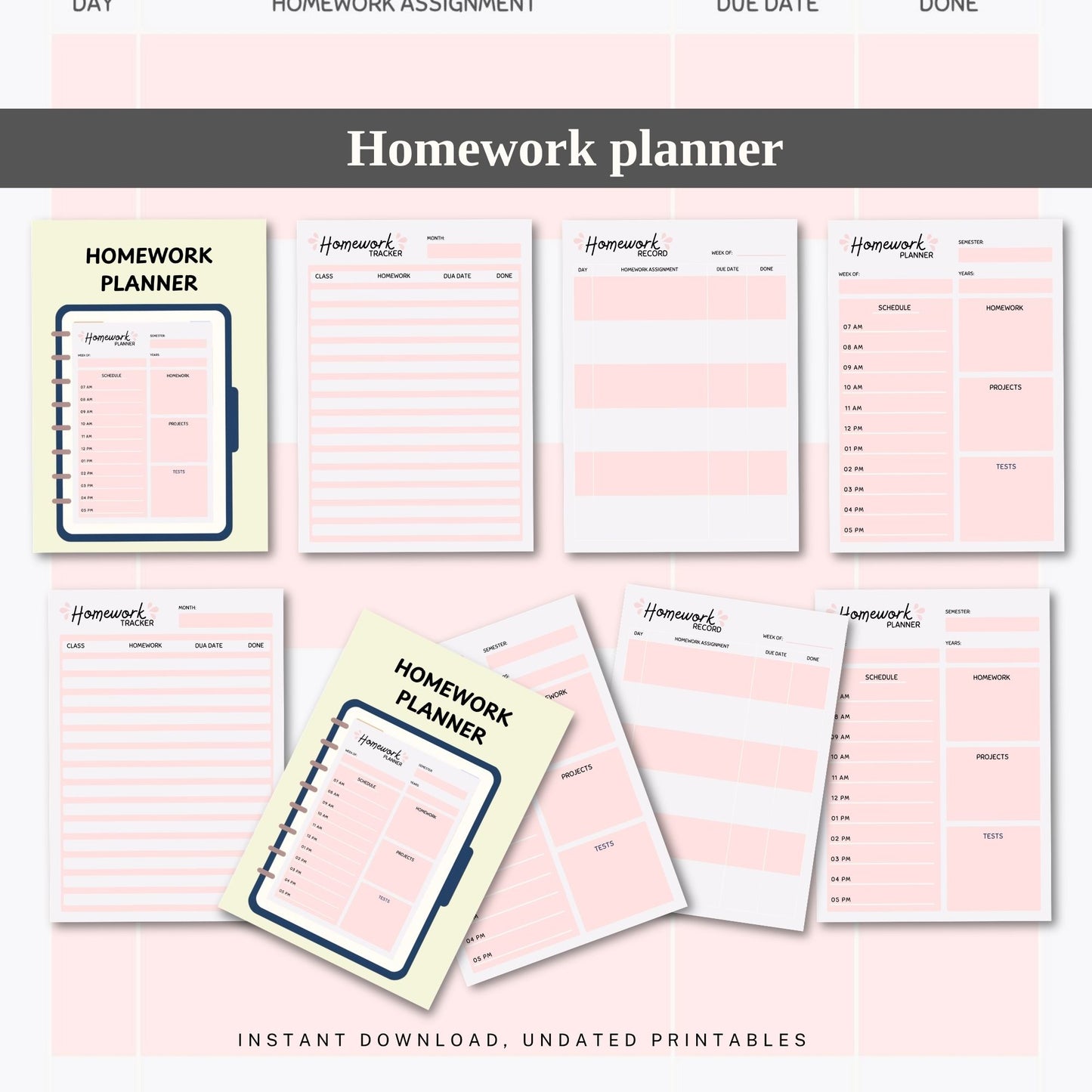 Homework Planner | Student Assignment Tracker | School Organizer | Daily Homework Log | Study Planner Printable